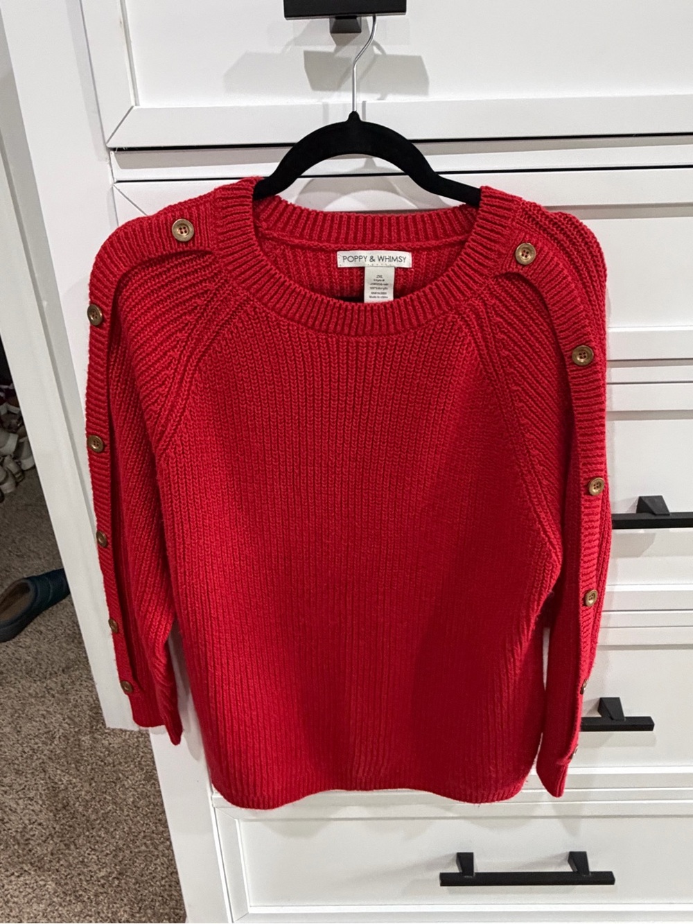 Poppy & Whimsy Woman’s Red Button-Shoulder Crew Sweater